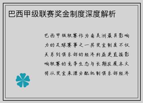 巴西甲级联赛奖金制度深度解析